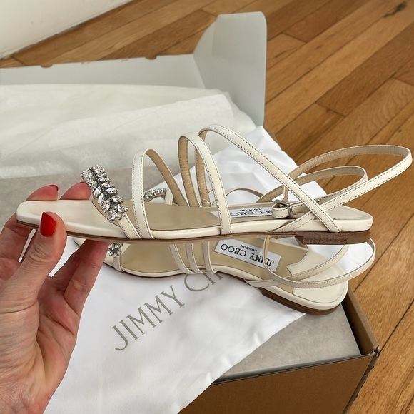 NWT JIMMY CHOO Maesie Embellished Leather Sandals Cream Ecru White Crystal - 5 - Picture 10 of 14